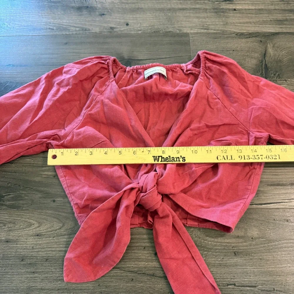 Abercrombie & Fitch Red Pink Tie Front Puff Sleeve Crop Top Blouse Small